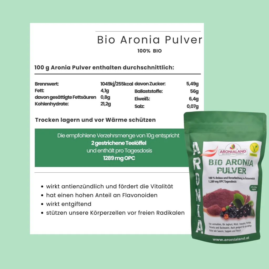 Bio Aronia Pulver 750g (645mg OPC/ TL) — Bild 7