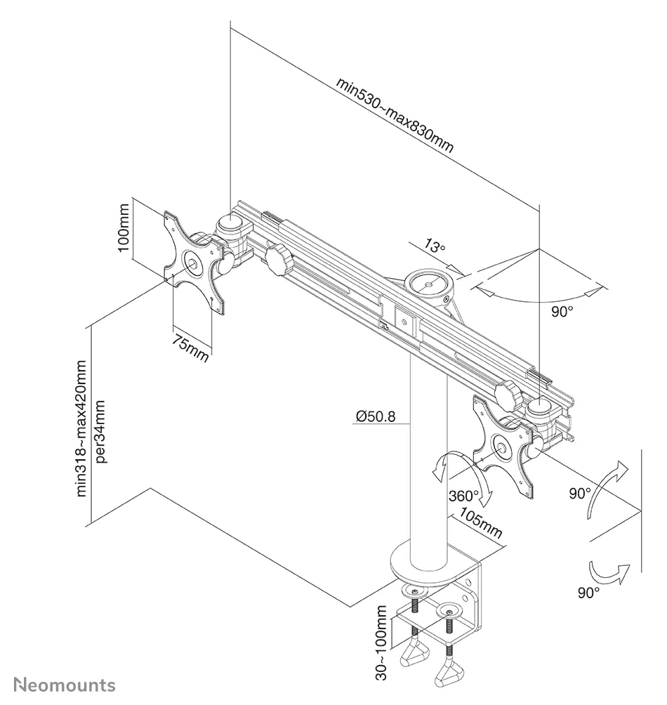 Neomounts by Newstar FPMA-D700D - Befestigungskit - full-motion - für 2 LCD-Displays - Schwarz, Ansicht 4