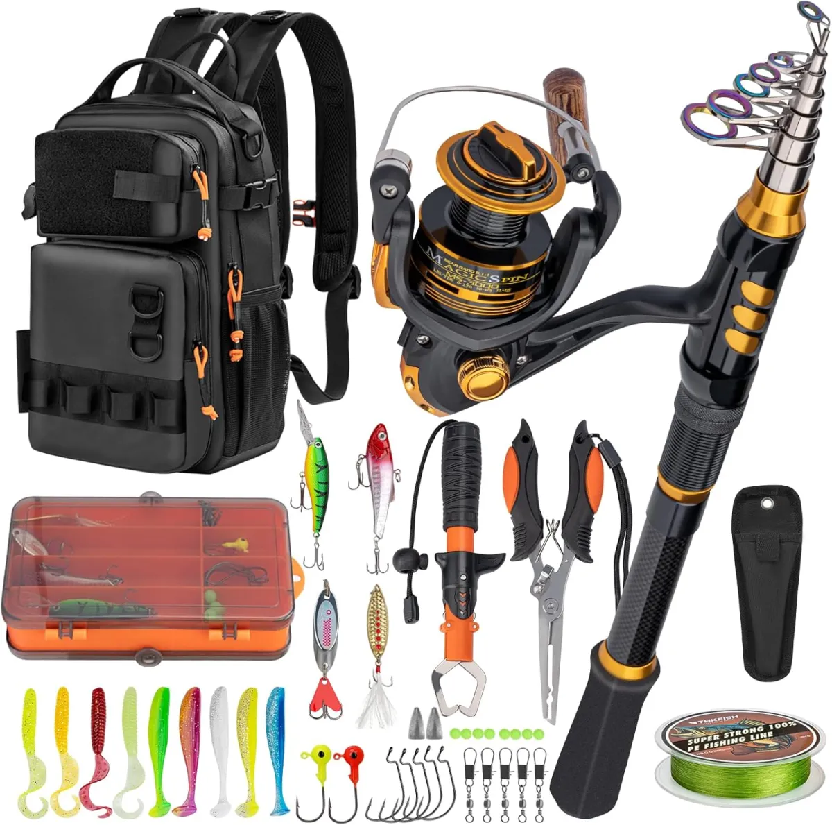 THKFISH Angelrute und Rolle Combo mit Rucksack, Teleskop-Angelrute Spinnrolle Kit mit Angelködern, Zange und Fischlippengreifer für Erwachsene