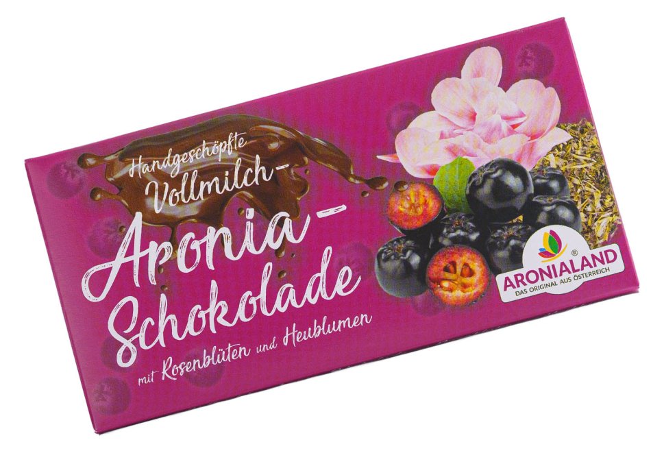 Handgeschöpfte Aronia Schokolade mit Rosenblüten und Heublumen 100g