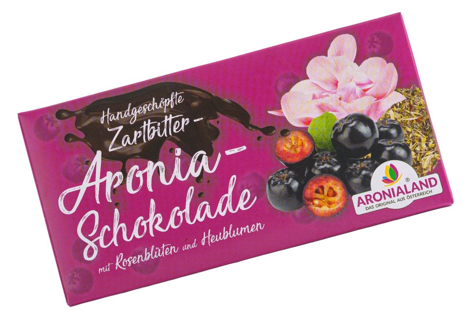 Handgeschöpfte Aronia Schokolade Zartbitter mit Rosenblüten und Heublumen 100g