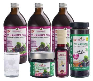Aronia 36 Kräuter Plus Set + Aronia Blütenhonig 250g + Aronia Feinste Essigvariation 100ml + Aronia Tee 170g  + Aronia Messglas