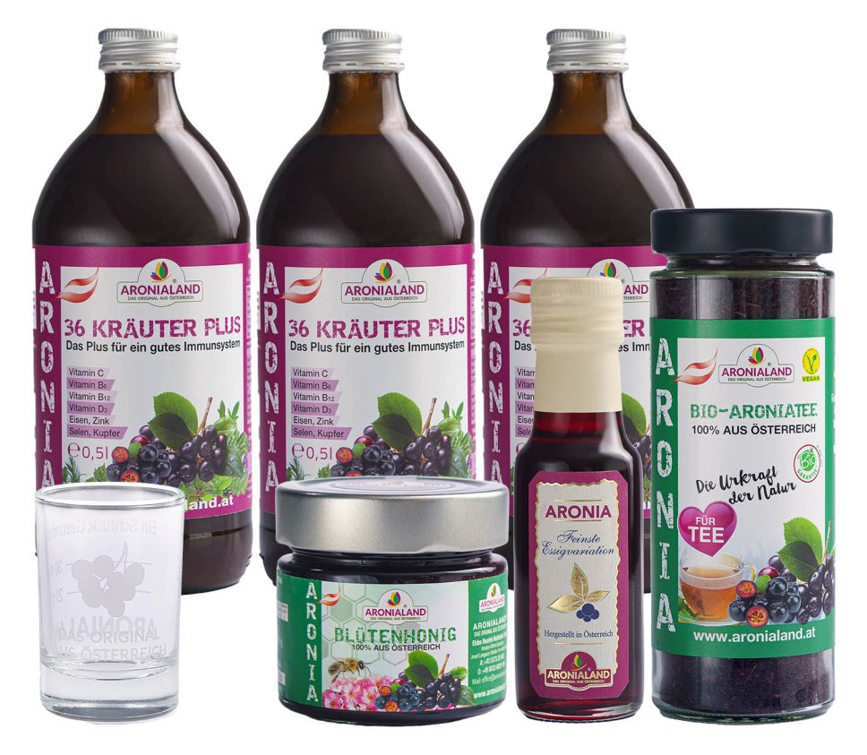 Aronia 36 Kräuter Plus Set + Aronia Blütenhonig 250g + Aronia Feinste Essigvariation 100ml + Aronia Tee 170g  + Aronia Messglas