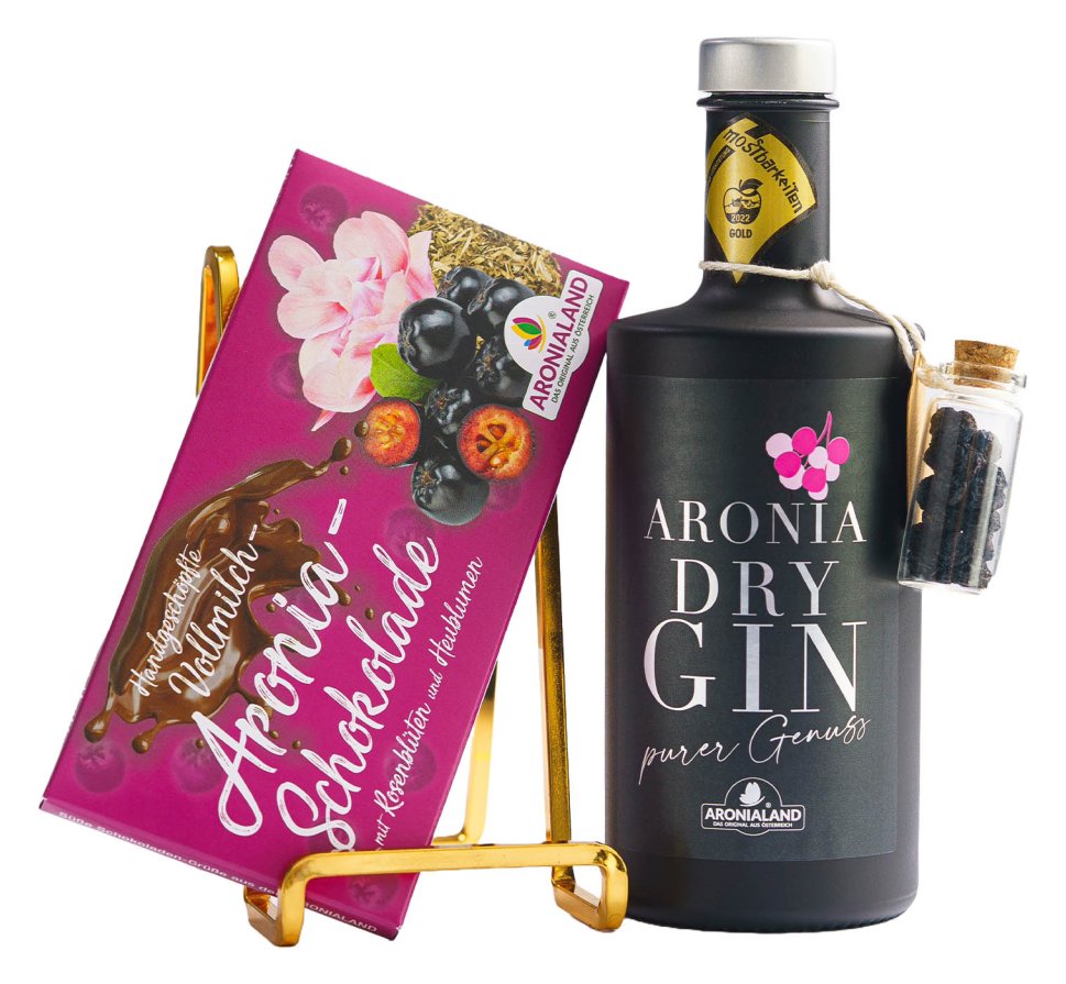 Aronia Genuss Duo: Aronia Dry Gin 350 ml mit Aronia Vollmilchschokolade 100g im Set