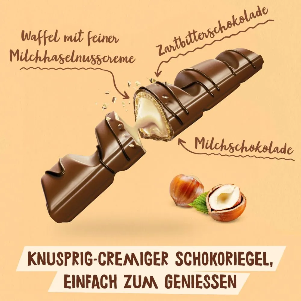 kinder bueno – Schokoriegel mit knuspriger Waffel, feiner Milch-Haselnuss-Cremeund zarter Vollmilchschokolade – 1 Packung mit 6 einzeln verpackten Riegeln (6 x 21,5 g) (Verpackung kann variieren) — Bild 3