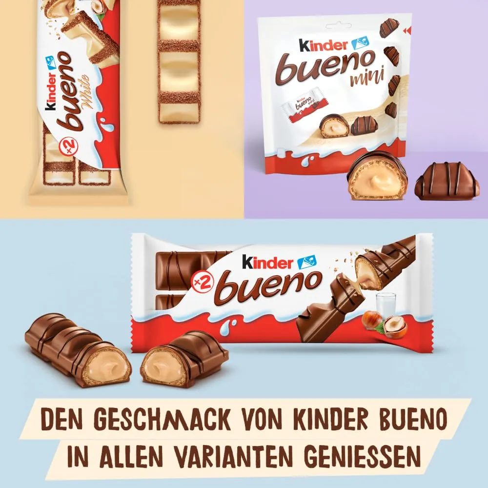 kinder bueno – Schokoriegel mit knuspriger Waffel, feiner Milch-Haselnuss-Cremeund zarter Vollmilchschokolade – 1 Packung mit 6 einzeln verpackten Riegeln (6 x 21,5 g) (Verpackung kann variieren) — Bild 5