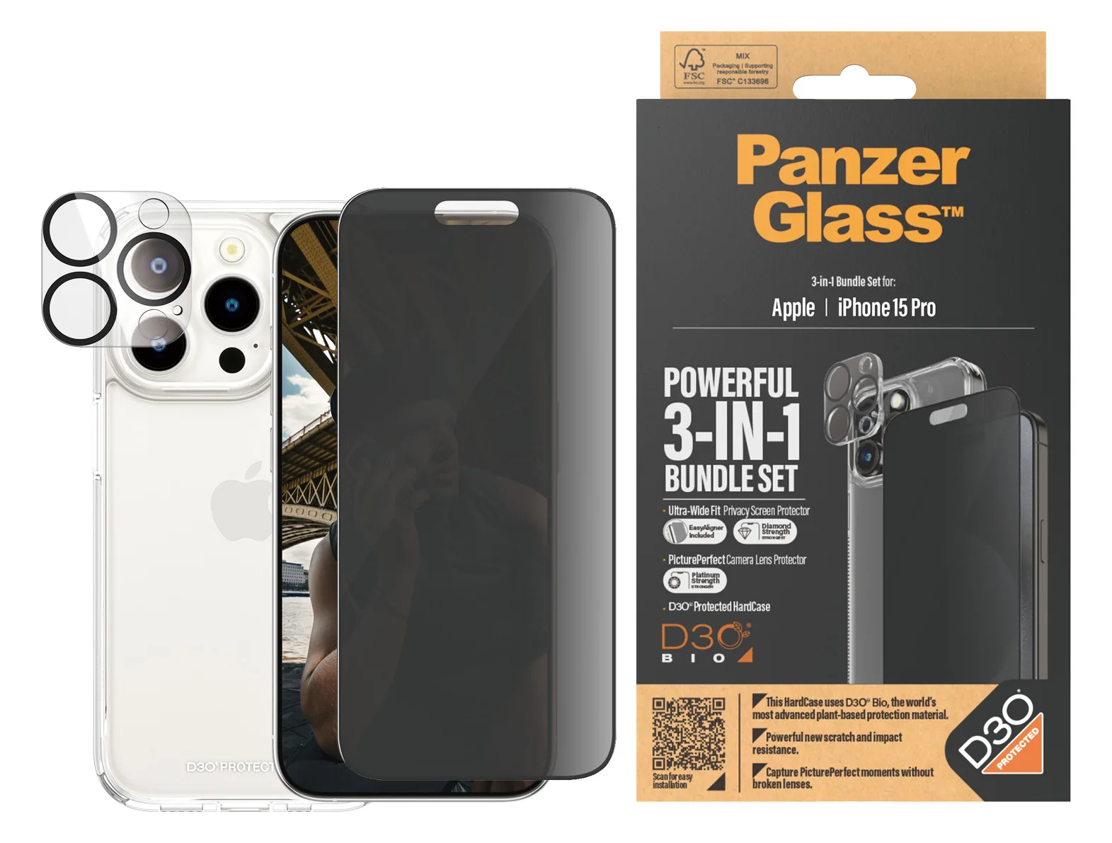 PanzerGlass Privacy - 3-in-1 Pack - Schutzkit für Display / Objektiv / Rückseite für Handy - Apple - iPhone 15 Pro, Ansicht 2