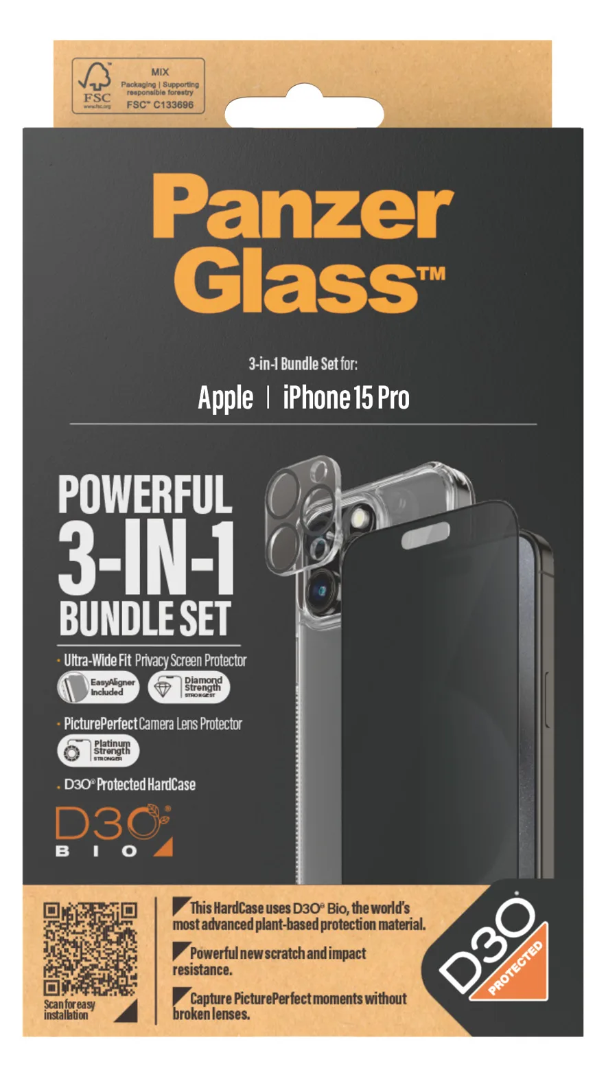 PanzerGlass Privacy - 3-in-1 Pack - Schutzkit für Display / Objektiv / Rückseite für Handy - Apple - iPhone 15 Pro, Ansicht 3