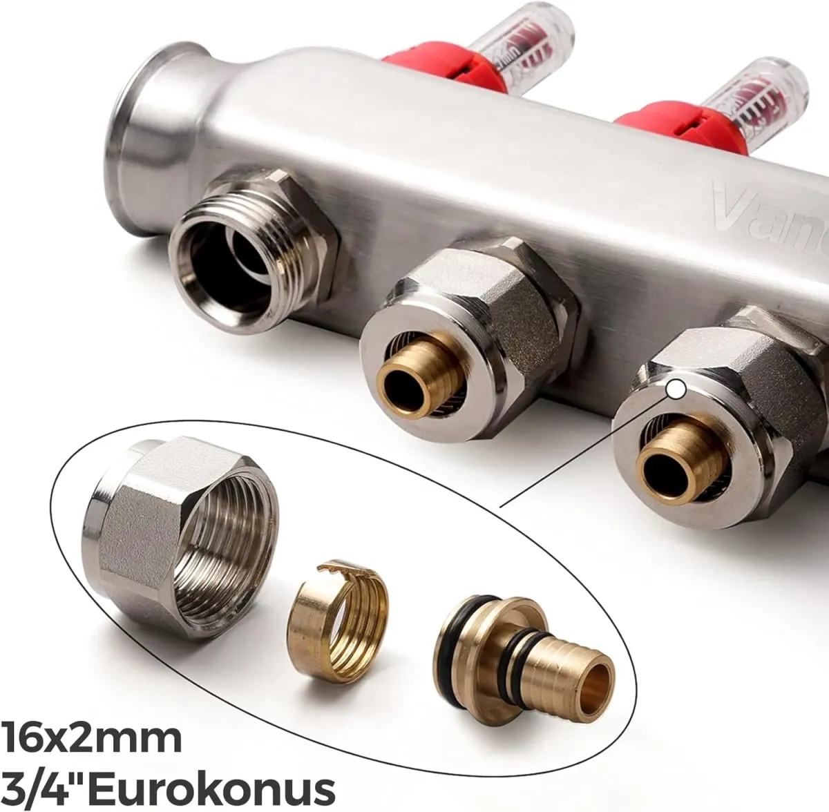 VANCOCO 12 Heizkreise Heizkreisverteiler für Wasserfußbodenheizung, Fußbodenheizung Verteiler mit Eurokonus 16 × 2 mm, 1" Kompaktes Kugelhähne, 5 L/min Durchfluss, Schnellentlüfter Set — Bild 3