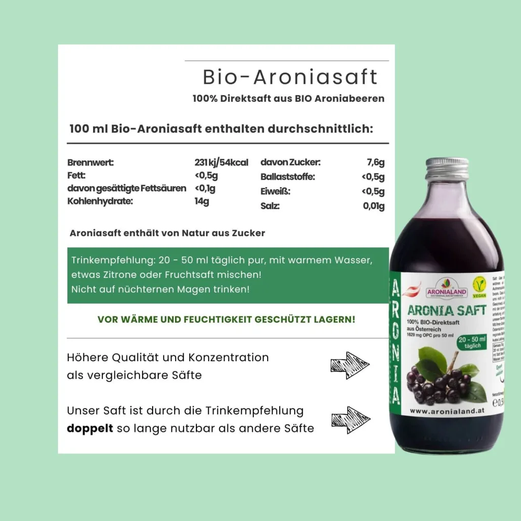 Bio-Aroniasaft 12 × 0,5 l – 100 % Direktsaft aus Österreich, 1.629 mg OPC pro 50 ml, Ansicht 7