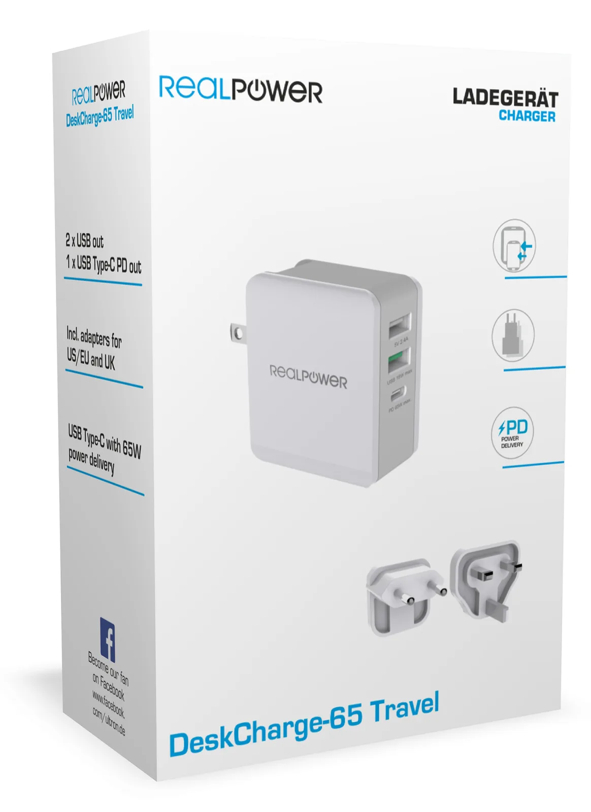 RealPower DeskCharge-65 Travel - Drinnen - AC - 20 V - Grau, Ansicht 3