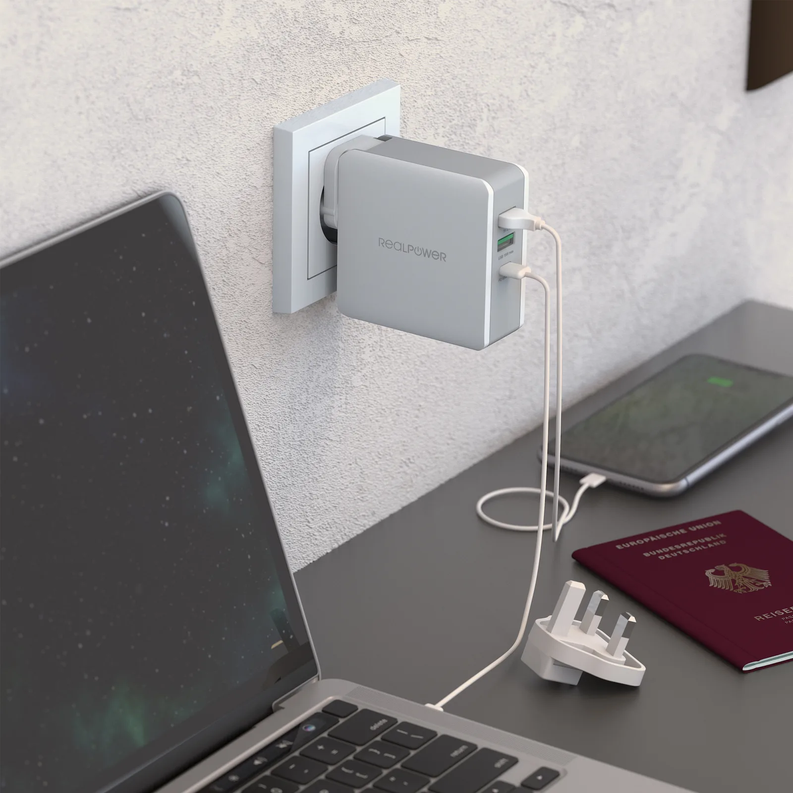 RealPower DeskCharge-65 Travel - Drinnen - AC - 20 V - Grau, Ansicht 4
