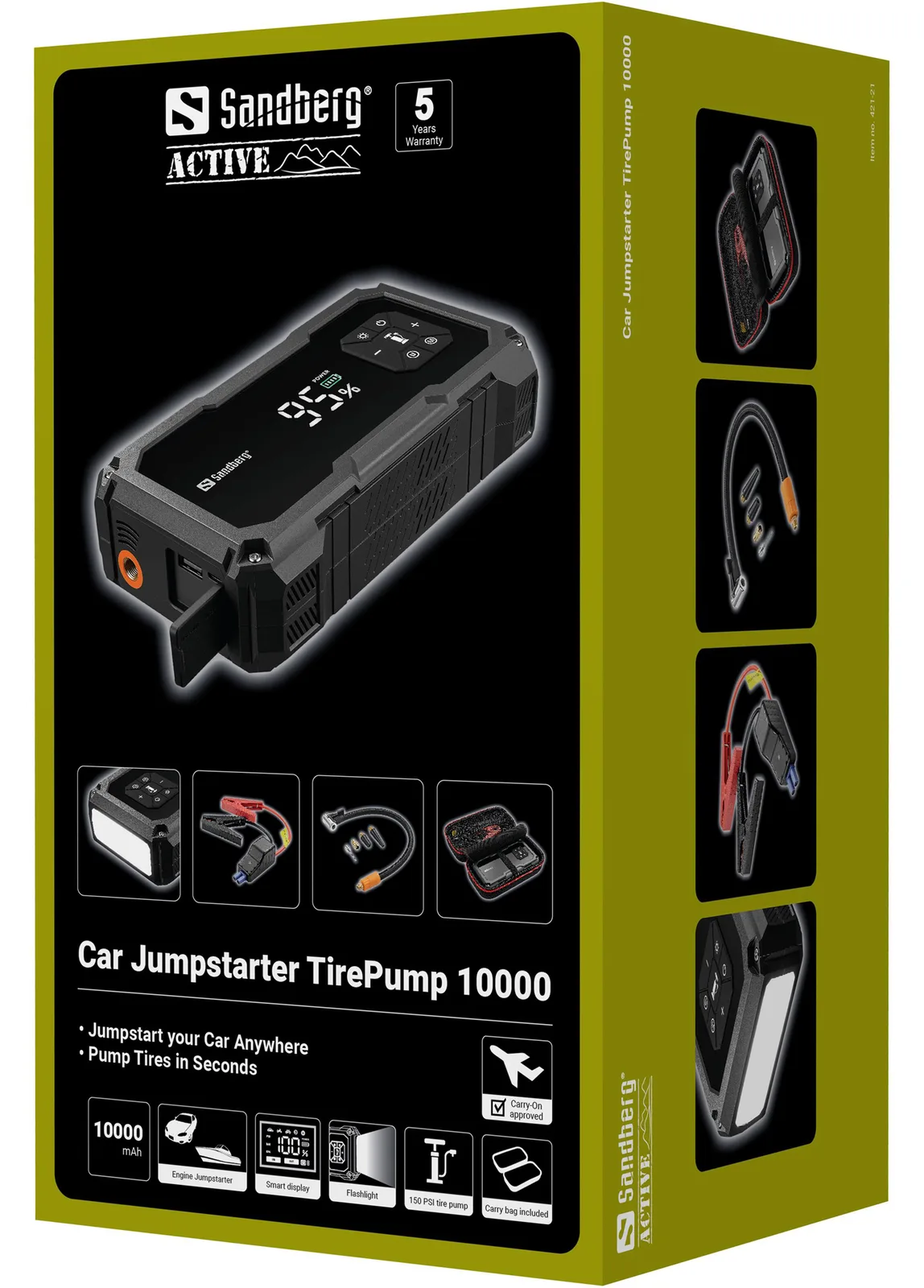 SANDBERG Active TirePump 10000 mAh - Powerbank - Li-Ion - 37 Wh - 800 A - 2 Ausgänge (USB, Starthilfeanschluss), Ansicht 2