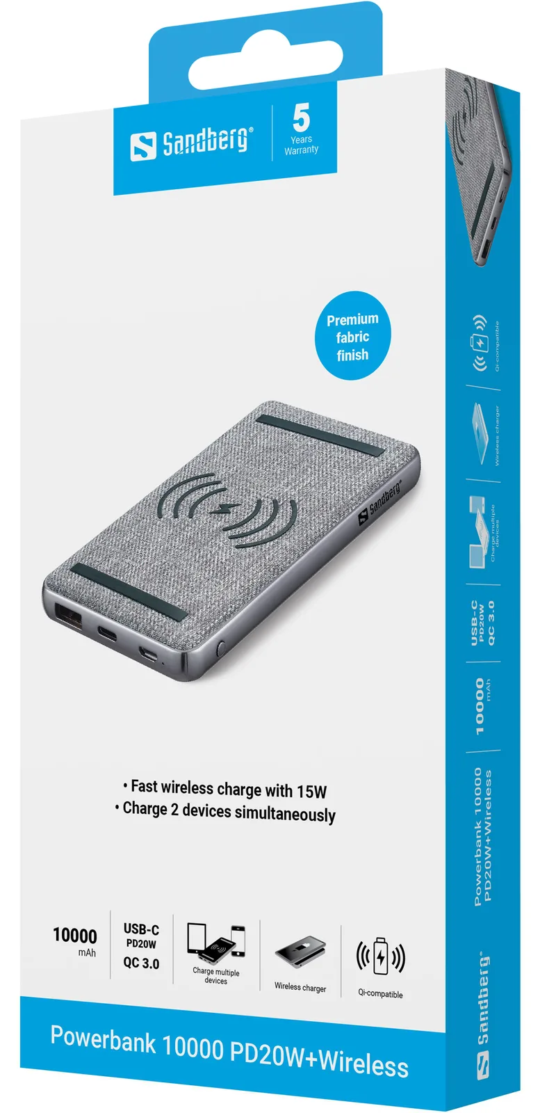 SANDBERG Induktive Power Bank - Li-Pol - 10000 mAh - 37 Wh - 3 A - PD, QC 3.0 - 2 Ausgabeanschlussstellen, Ansicht 2