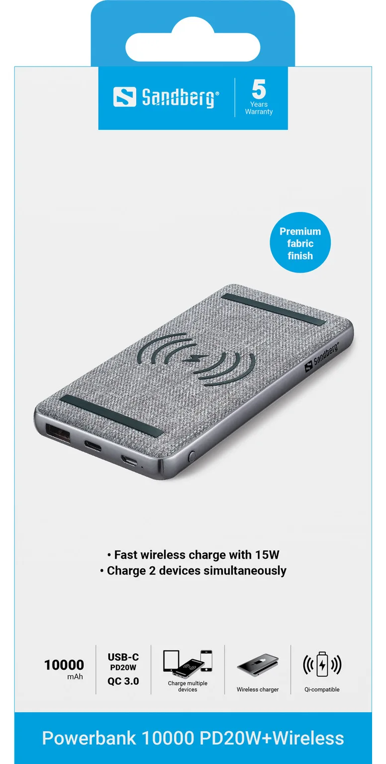 SANDBERG Induktive Power Bank - Li-Pol - 10000 mAh - 37 Wh - 3 A - PD, QC 3.0 - 2 Ausgabeanschlussstellen, Ansicht 3