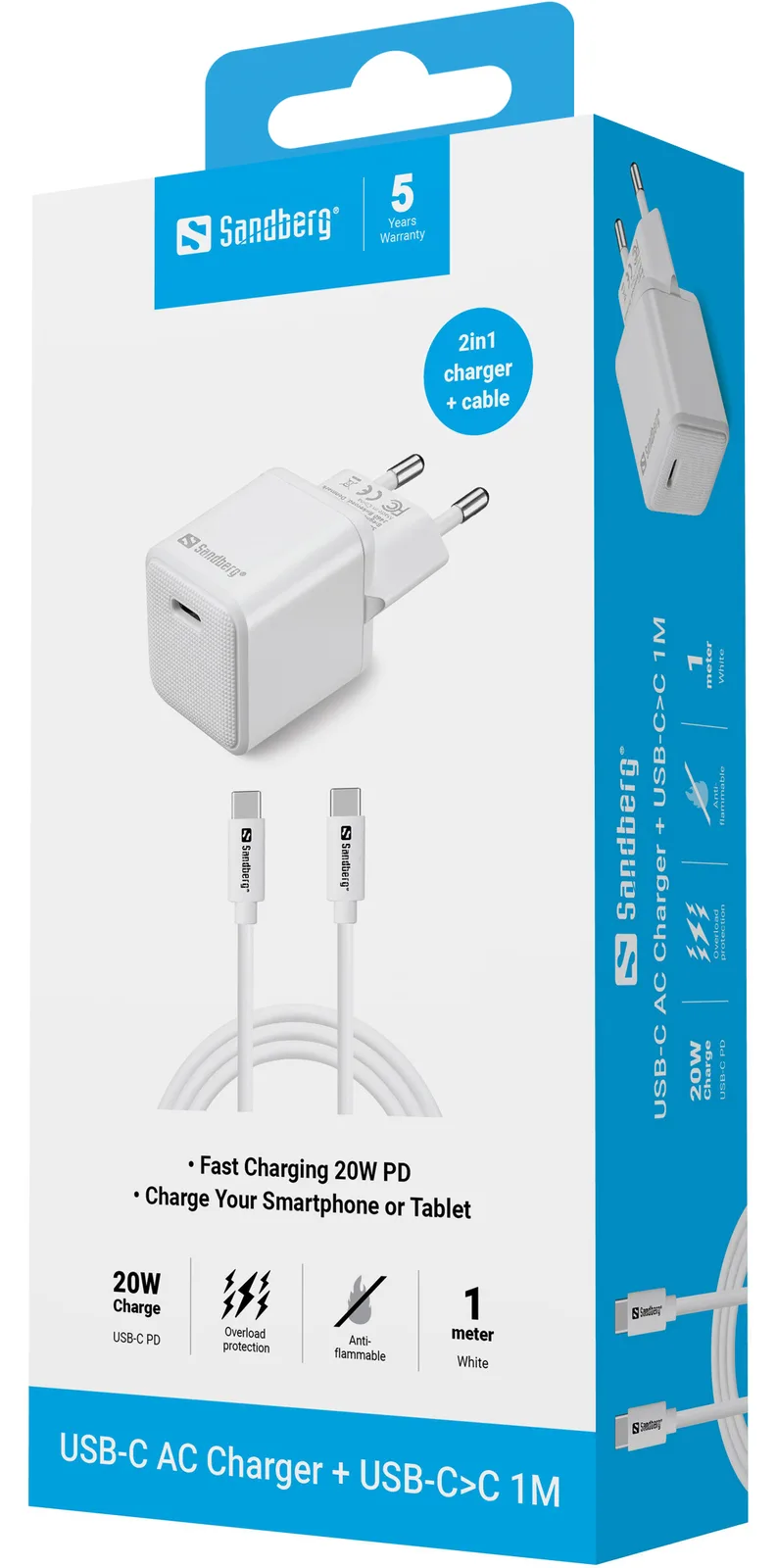 SANDBERG Netzteil - 2-in-1 - 20 Watt - 3 A - PD (24 pin USB-C) - USB Typ-C auf USB Typ-C, Ansicht 2