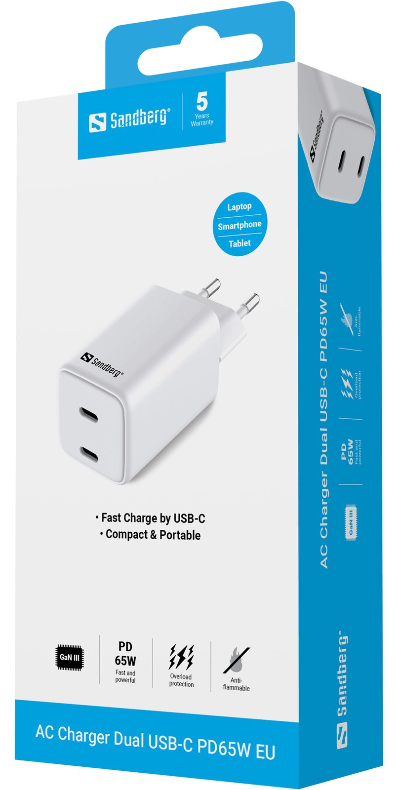 SANDBERG Netzteil - 65 Watt - 3.25 A - 2 Ausgabeanschlussstellen (24 pin USB-C)