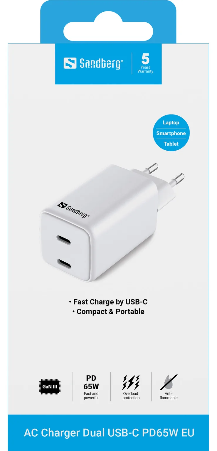 SANDBERG Netzteil - 65 Watt - 3.25 A - 2 Ausgabeanschlussstellen (24 pin USB-C), Ansicht 3