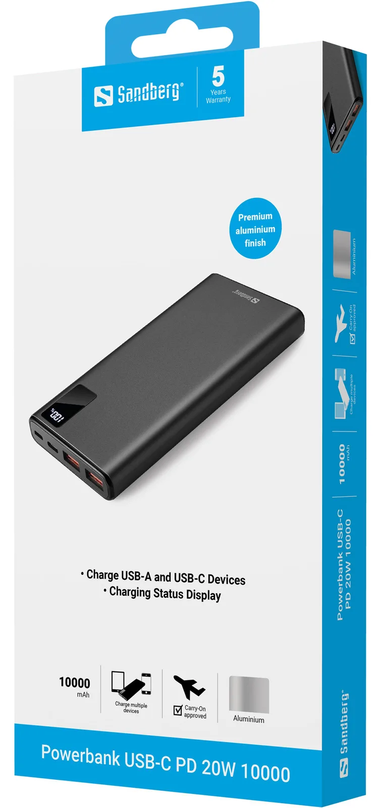 SANDBERG Powerbank - 10000 mAh - 37 Wh - 20 Watt - 3 A - PD, QC 3.0 - 3 Ausgabeanschlussstellen (2 x USB, 24 pin USB-C), Ansicht 2