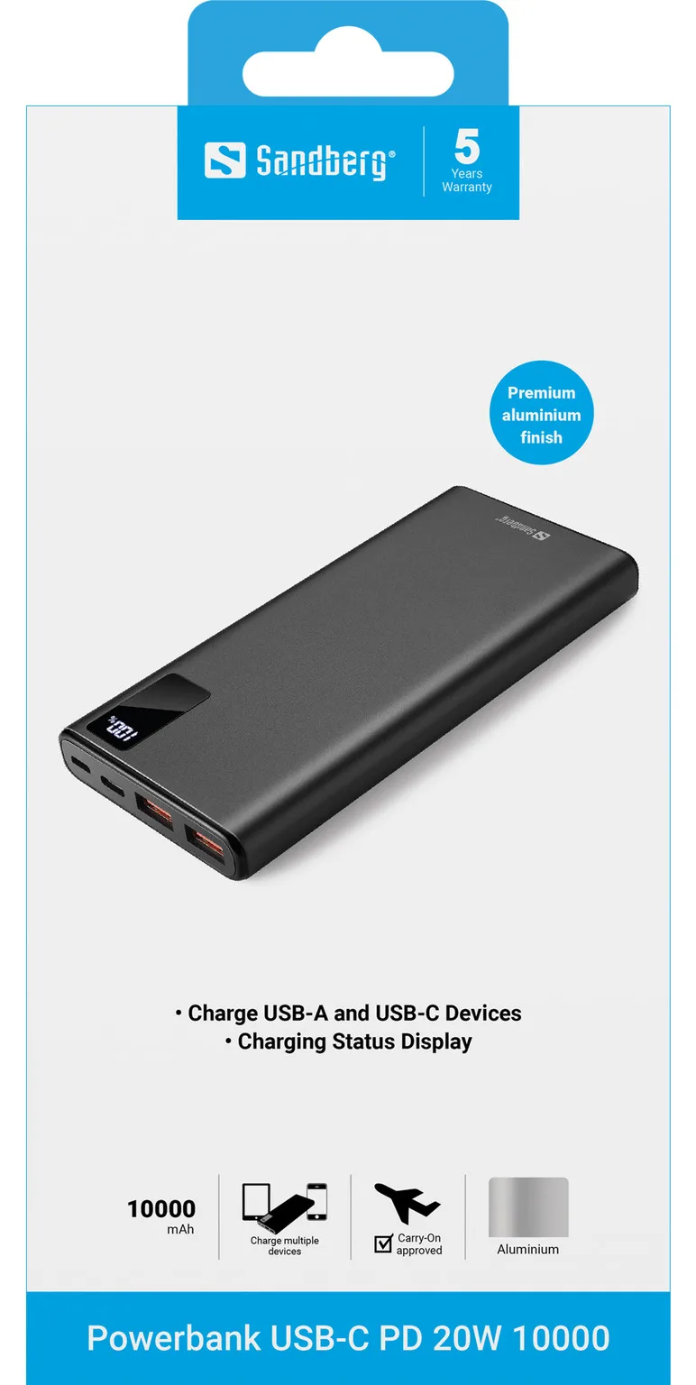 SANDBERG Powerbank - 10000 mAh - 37 Wh - 20 Watt - 3 A - PD, QC 3.0 - 3 Ausgabeanschlussstellen (2 x USB, 24 pin USB-C), Ansicht 3