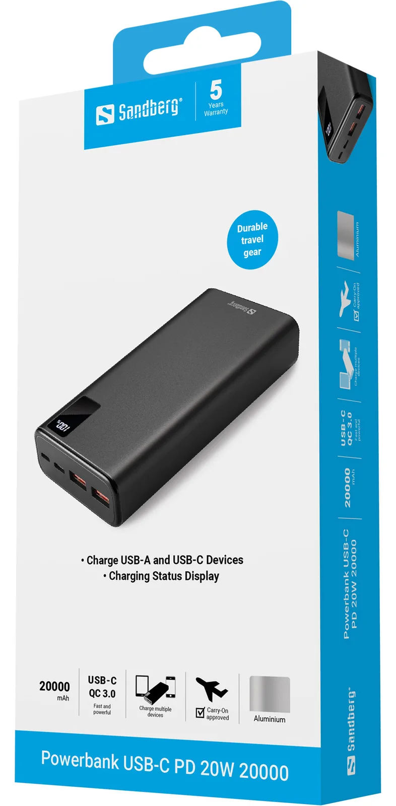 SANDBERG Powerbank - 20000 mAh - 74 Wh - 20 Watt - 3 A - PD, QC 3.0 - 3 Ausgabeanschlussstellen (2 x USB, 24 pin USB-C), Ansicht 2
