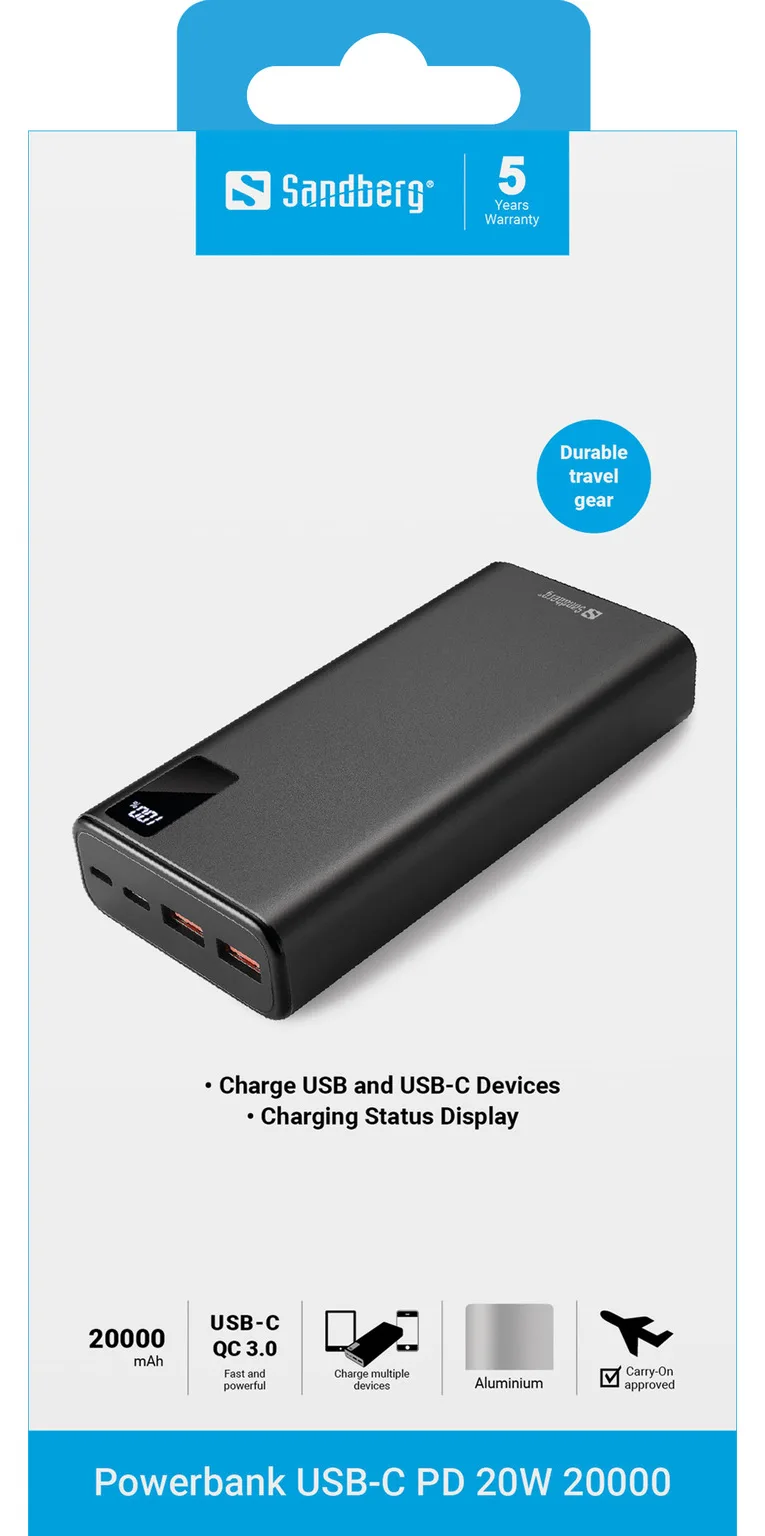 SANDBERG Powerbank - 20000 mAh - 74 Wh - 20 Watt - 3 A - PD, QC 3.0 - 3 Ausgabeanschlussstellen (2 x USB, 24 pin USB-C), Ansicht 3