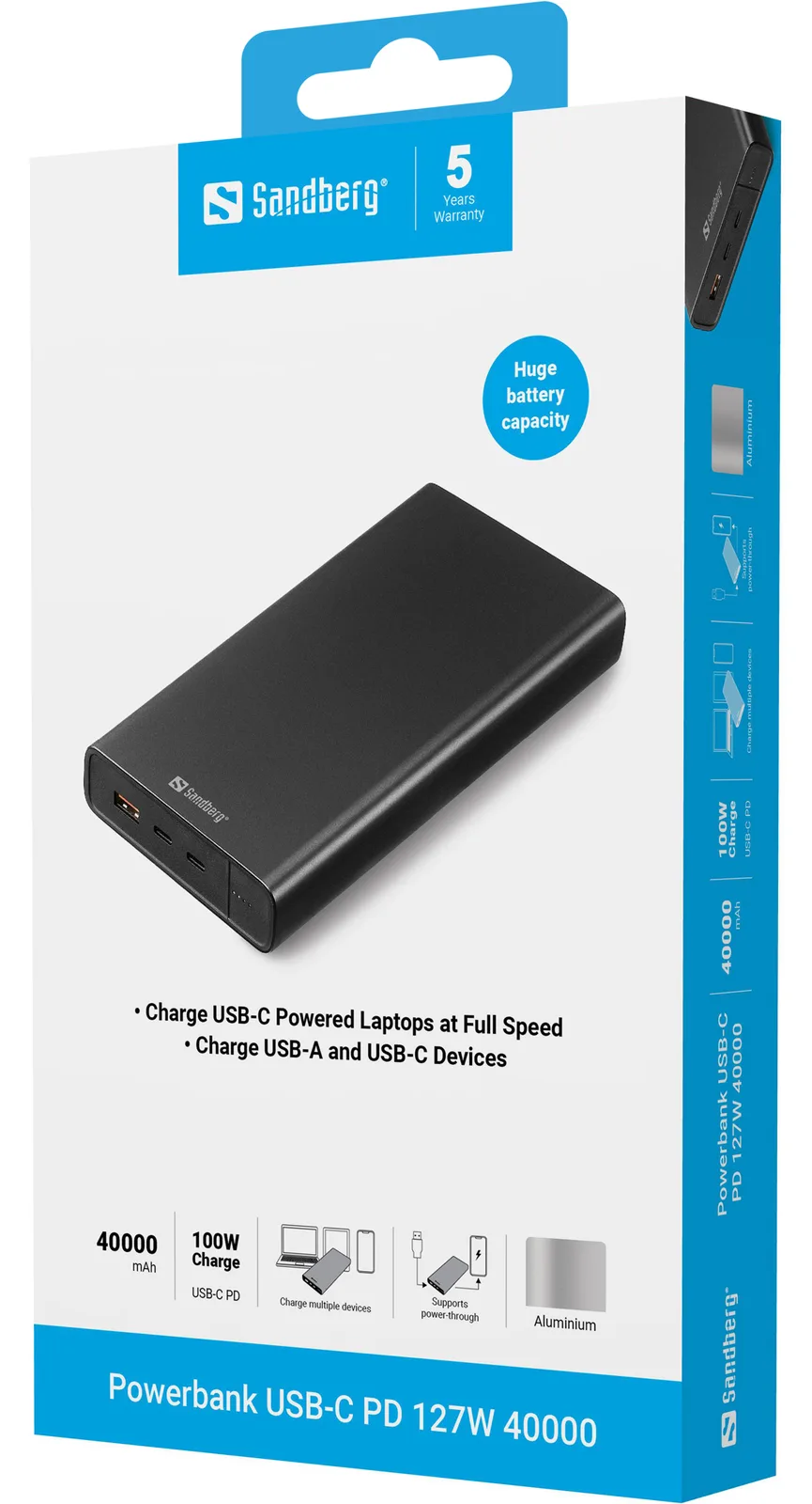 SANDBERG Powerbank - 38400 mAh - 142 Wh - 100 Watt - 3 A - PD - 3 Ausgabeanschlussstellen (2 x USB, 24 pin USB-C), Ansicht 2