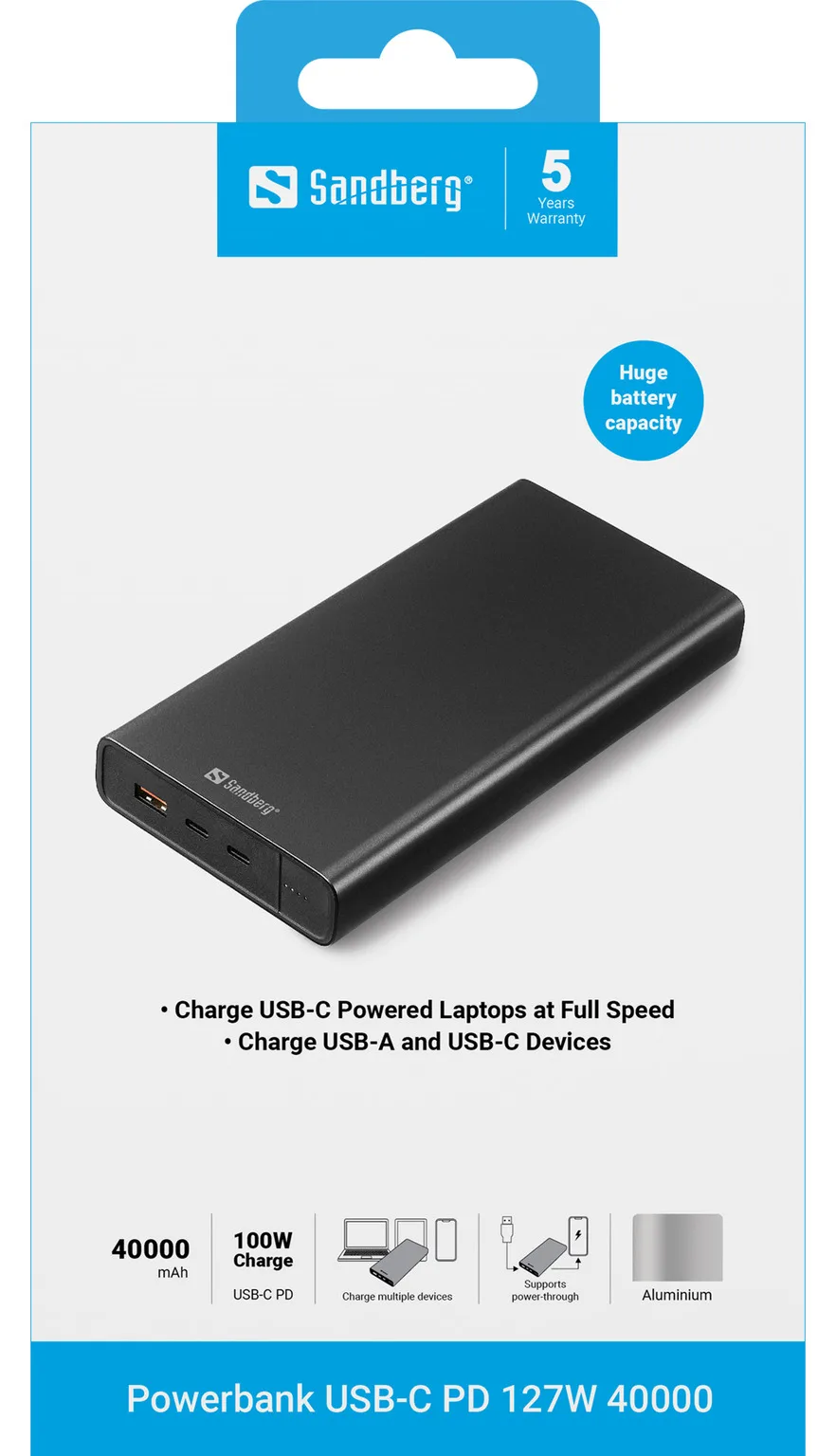 SANDBERG Powerbank - 38400 mAh - 142 Wh - 100 Watt - 3 A - PD - 3 Ausgabeanschlussstellen (2 x USB, 24 pin USB-C), Ansicht 3