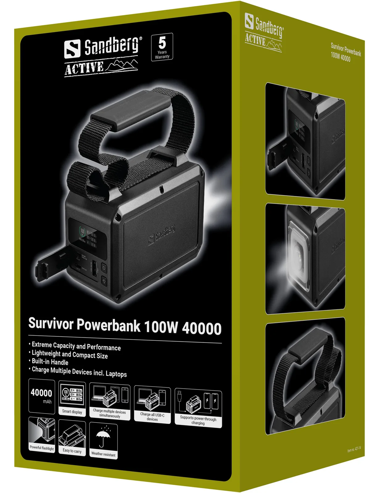 SANDBERG Survivor - Powerbank - 40000 mAh - 154 Wh - 100 Watt - 5 A - QC 3.0 - 3 Ausgänge (USB Typ A, 2 x USB-C), Ansicht 2