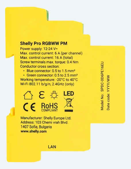 Shelly Pro RGBWW PM LED-Controller 5-fach, 16A, 1TE REG, Schaltaktor mit Dimmer, Ansicht 4