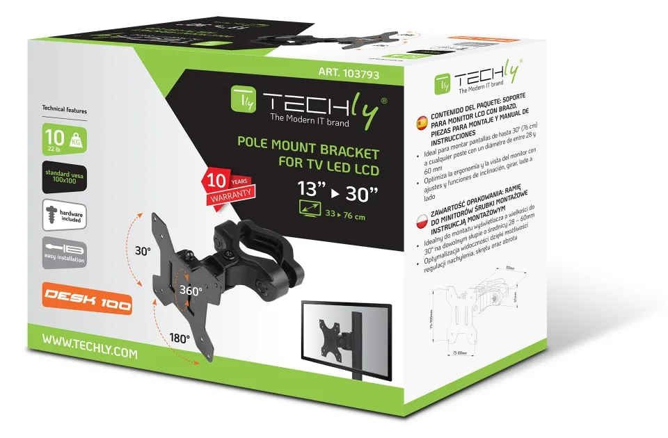 Techly Montagekomponente (Stangenbefestigung) - für LCD-Display - Bildschirmgröße: 33-76.2 cm (13-30), Ansicht 3