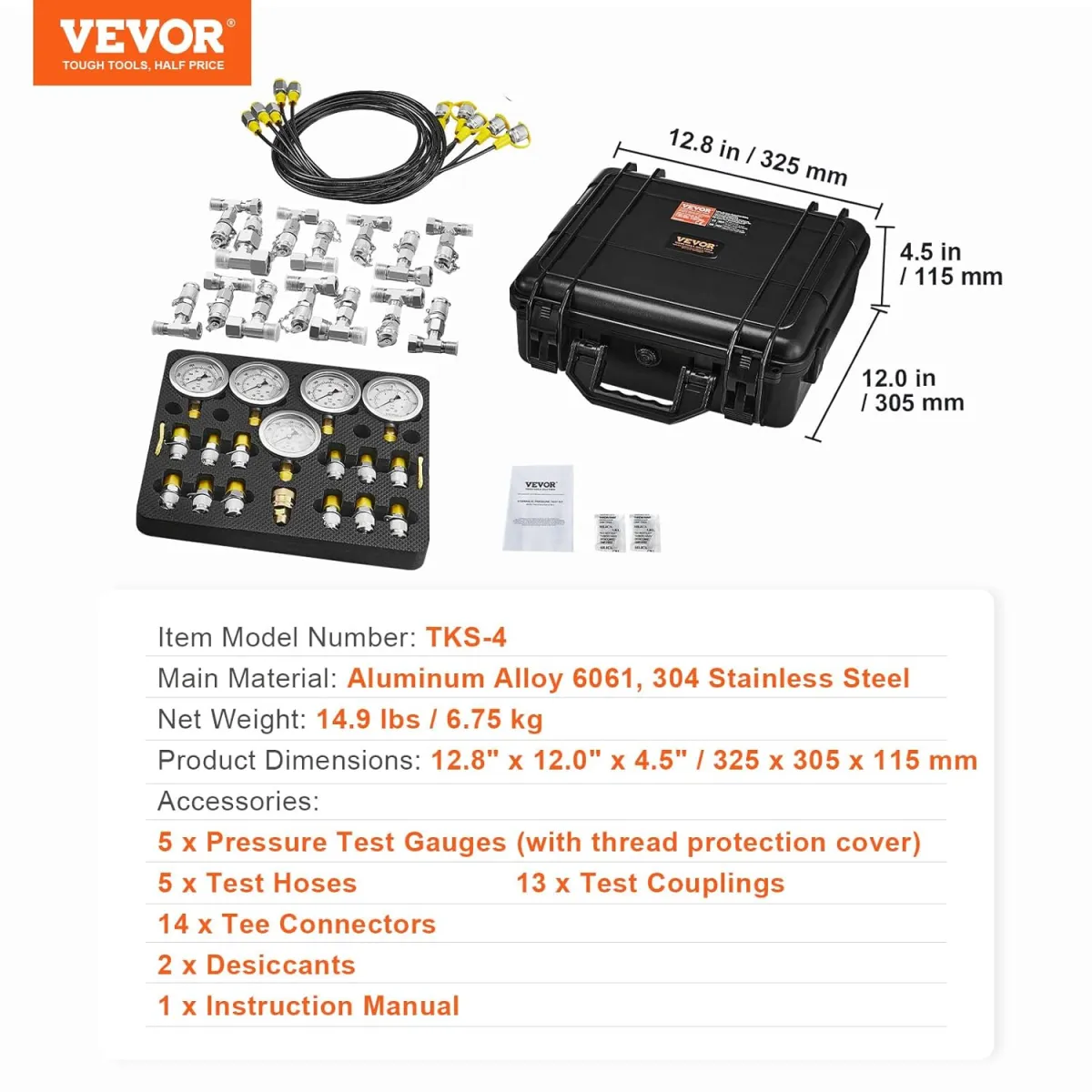VEVOR Hydraulikdruck-Testkit, 10/100/250/400/600 bar, 5 Messgeräte, 13 Kupplungen, 14 T-Anschlüsse, 5 Testschläuche, Bagger-Hydraulik-Testmanometer-Set mit Tragetasche für Bagger-Traktoren-Maschinen — Bild 7