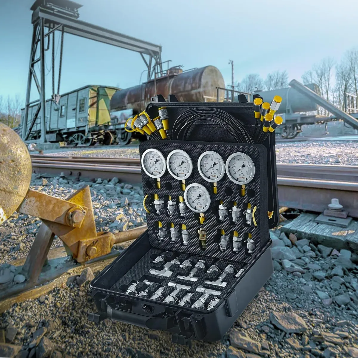 VEVOR Hydraulikdruck-Testkit, 10/100/250/400/600 bar, 5 Messgeräte, 13 Kupplungen, 14 T-Anschlüsse, 5 Testschläuche, Bagger-Hydraulik-Testmanometer-Set mit Tragetasche für Bagger-Traktoren-Maschinen — Bild 8
