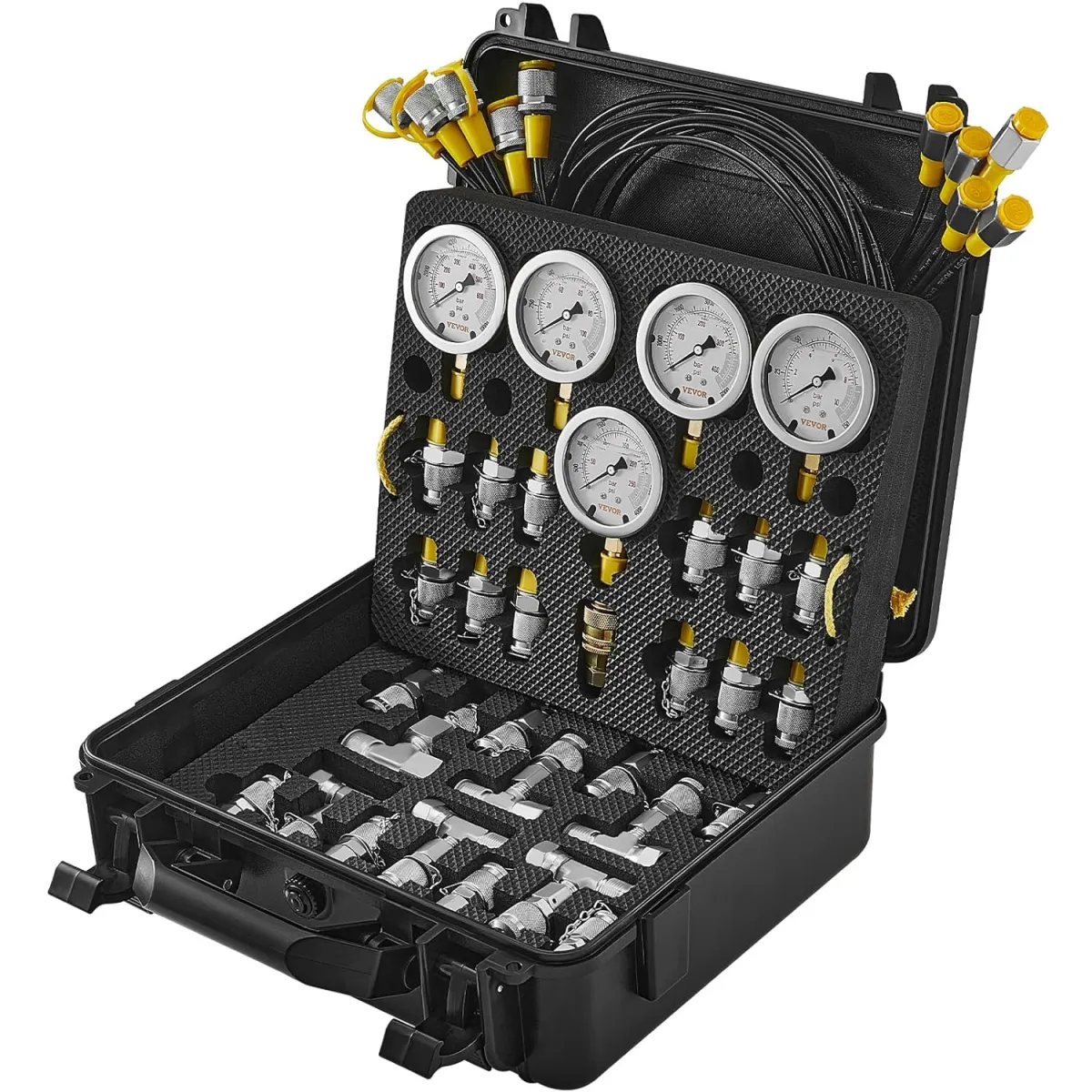 VEVOR Hydraulikdruck-Testkit, 10/100/250/400/600 bar, 5 Messgeräte, 13 Kupplungen, 14 T-Anschlüsse, 5 Testschläuche, Bagger-Hydraulik-Testmanometer-Set mit Tragetasche für Bagger-Traktoren-Maschinen — Bild 9