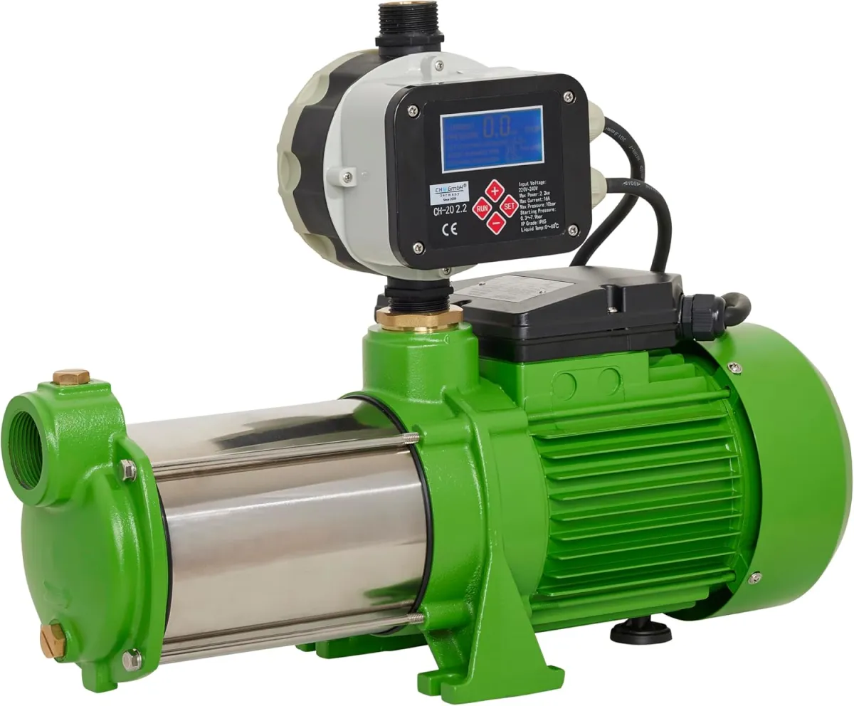 Kreiselpumpe 1,65 Kw Gartenpumpe Edelstahl 10.000 L/h, 6,5 Bar einstellb. Druckschalter mit LCD Display Trockenlaufschutz Funktion — Bild 3