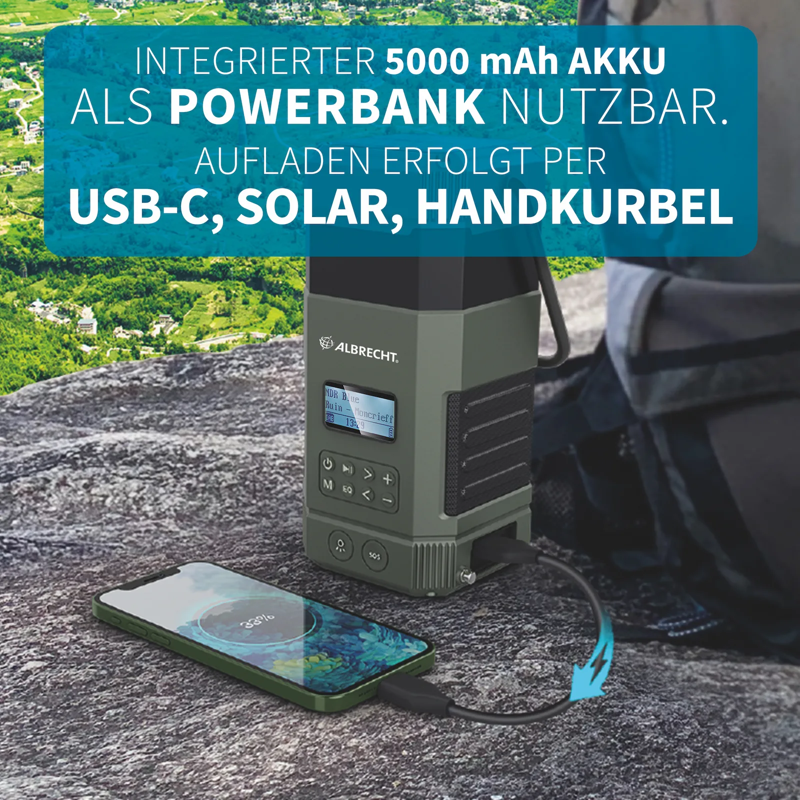 Albrecht DR 114 DAB - Batteriebetriebene Campingleuchte - Schwarz - 80 lm - USB C - Akku - USB, Ansicht 4
