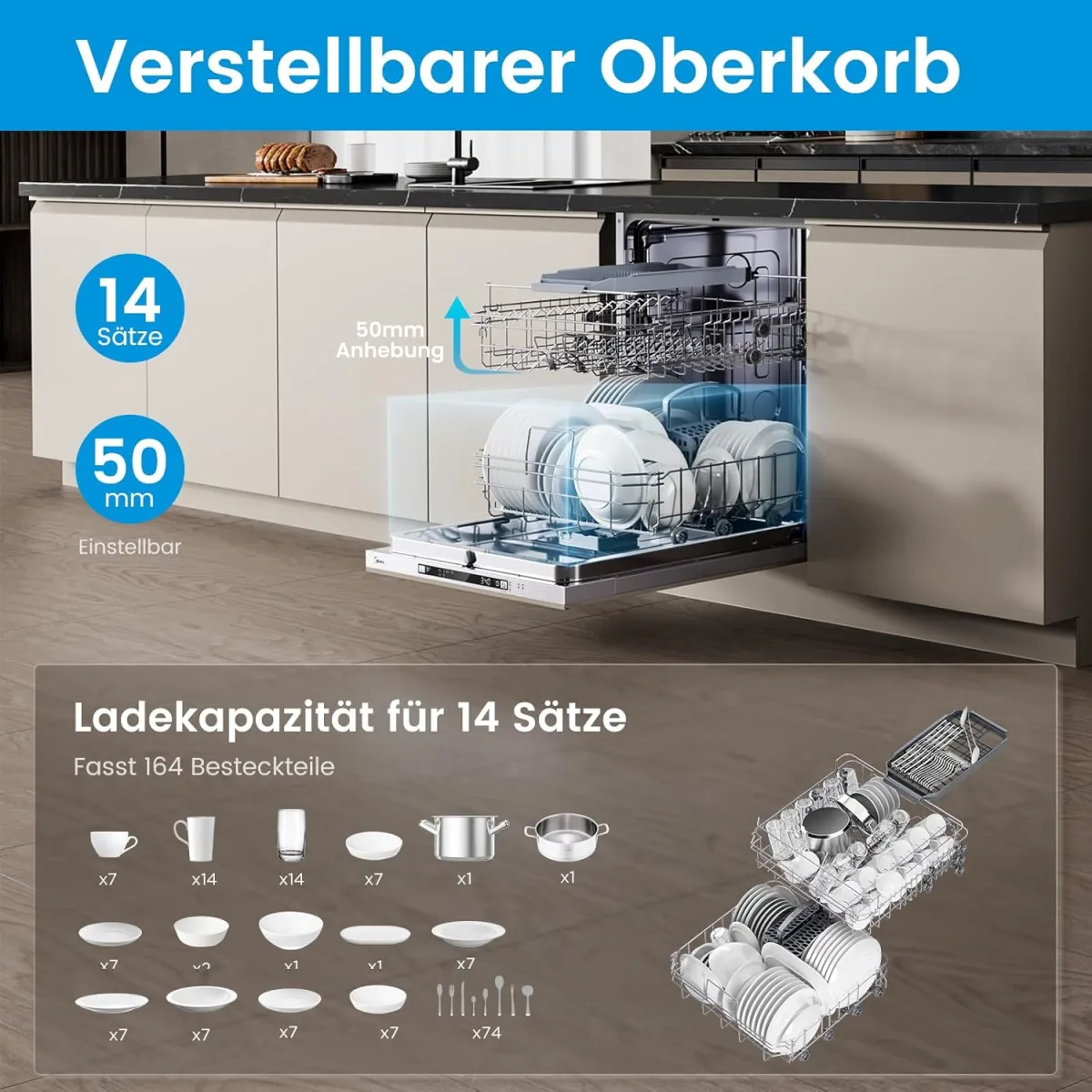 Midea SV 5.14K14C Geschirrspüler Vollintegriert 60cm, 14 Maßgedecke, Spülmaschine Unterbaufähig mit WIFI, 8 Programme, 44 dB, Automatische Türöffnung, 0-24H Startverzögerung, Inox [Energieklasse C] — Bild 3