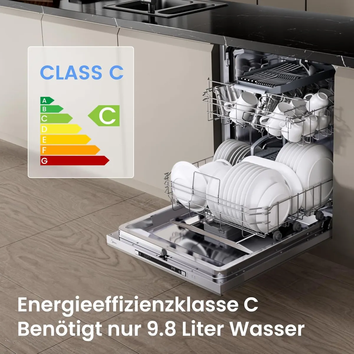 Midea SV 5.14K14C Geschirrspüler Vollintegriert 60cm, 14 Maßgedecke, Spülmaschine Unterbaufähig mit WIFI, 8 Programme, 44 dB, Automatische Türöffnung, 0-24H Startverzögerung, Inox [Energieklasse C] — Bild 4
