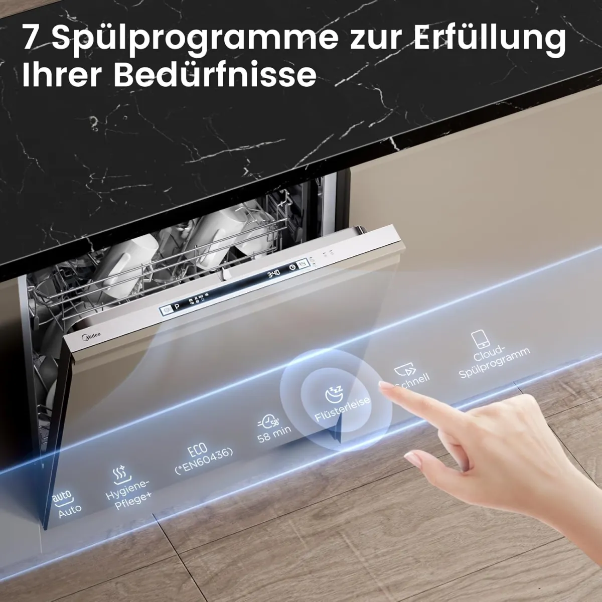 Midea SV 5.14K14C Geschirrspüler Vollintegriert 60cm, 14 Maßgedecke, Spülmaschine Unterbaufähig mit WIFI, 8 Programme, 44 dB, Automatische Türöffnung, 0-24H Startverzögerung, Inox [Energieklasse C] — Bild 7