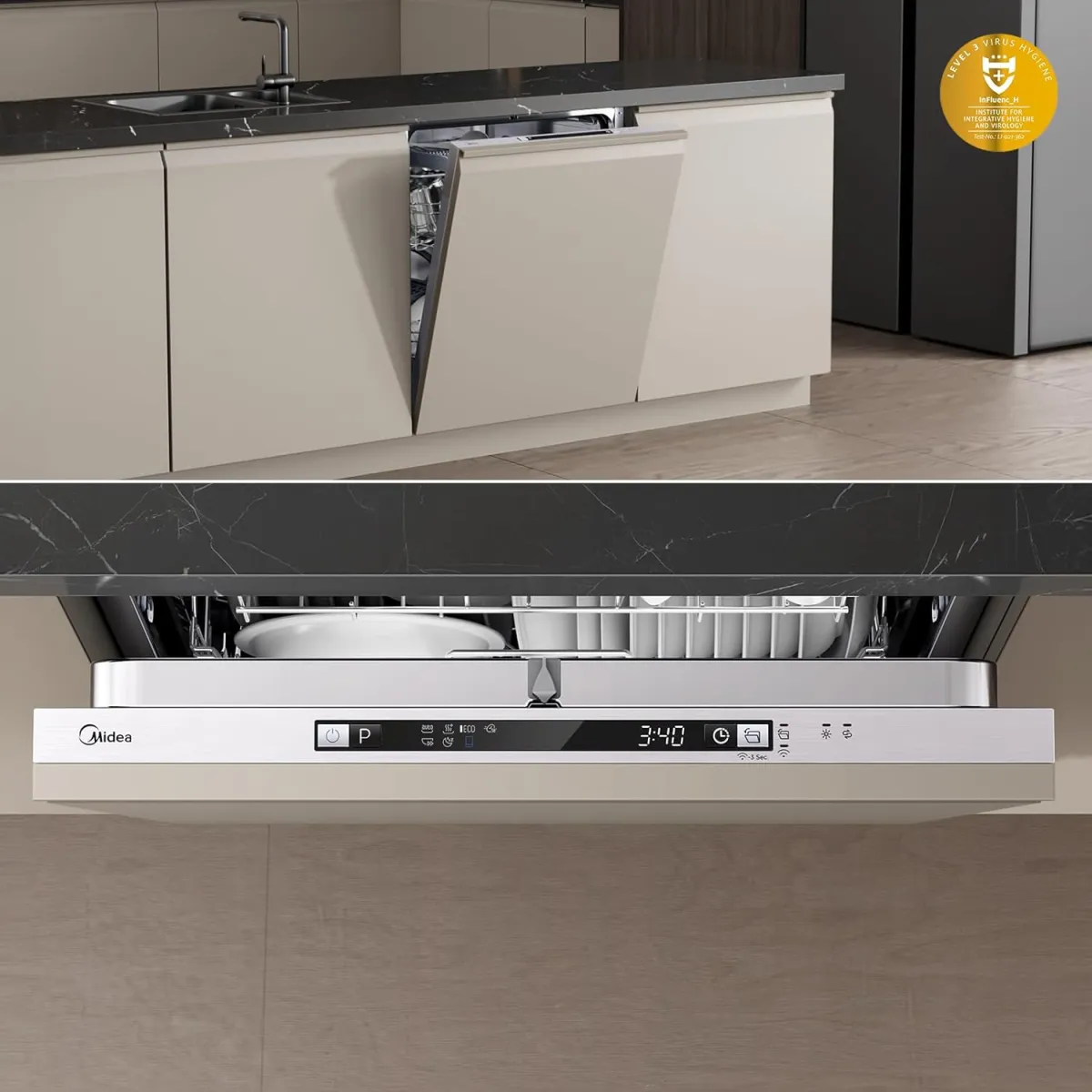 Midea SV 5.14K14C Geschirrspüler Vollintegriert 60cm, 14 Maßgedecke, Spülmaschine Unterbaufähig mit WIFI, 8 Programme, 44 dB, Automatische Türöffnung, 0-24H Startverzögerung, Inox [Energieklasse C] — Bild 8