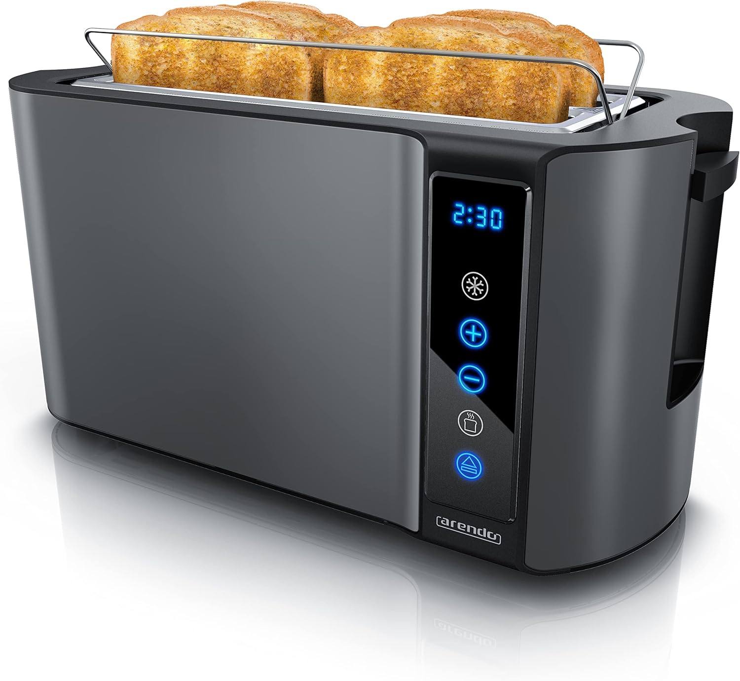 Arendo - Edelstahl Toaster Langschlitz 4 Scheiben- Touchscreen – Doppelwandgehäuse – 1500 W – Integrierter Brötchenaufsatz – 7 Bräunungsgrade – Brotzentrierung – Restzeitanzeige – Memoryfunktion