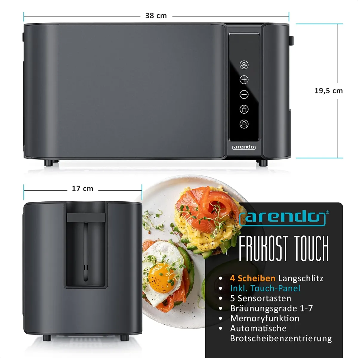Arendo - Edelstahl Toaster Langschlitz 4 Scheiben- Touchscreen – Doppelwandgehäuse – 1500 W – Integrierter Brötchenaufsatz – 7 Bräunungsgrade – Brotzentrierung – Restzeitanzeige – Memoryfunktion — Bild 2