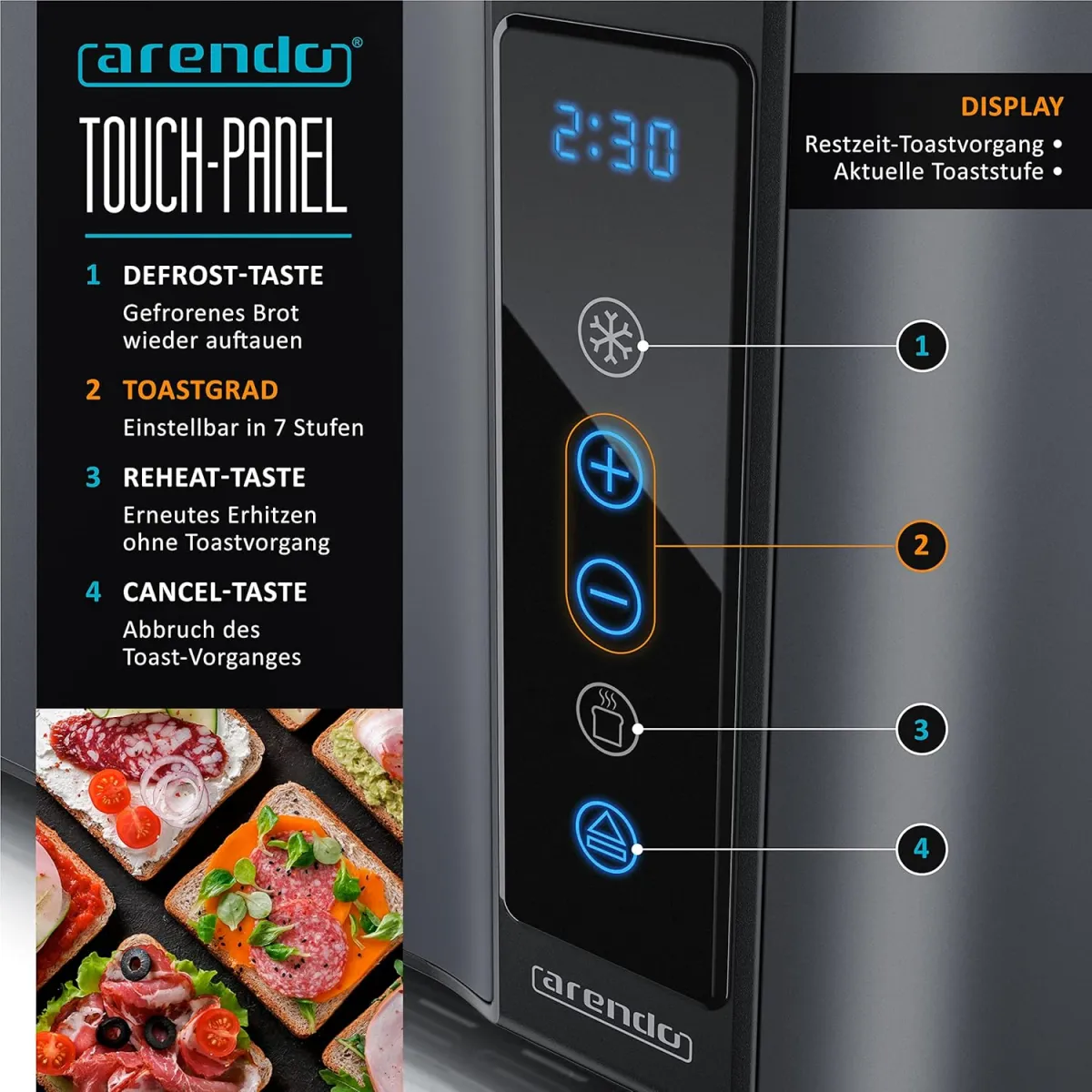 Arendo - Edelstahl Toaster Langschlitz 4 Scheiben- Touchscreen – Doppelwandgehäuse – 1500 W – Integrierter Brötchenaufsatz – 7 Bräunungsgrade – Brotzentrierung – Restzeitanzeige – Memoryfunktion — Bild 3