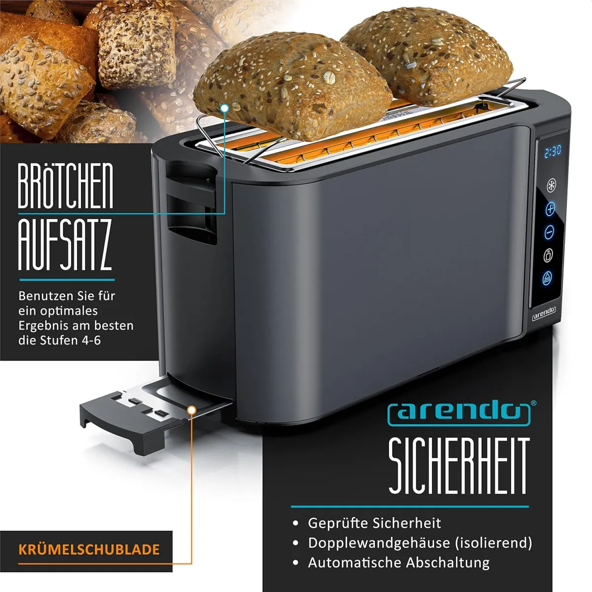 Arendo - Edelstahl Toaster Langschlitz 4 Scheiben- Touchscreen – Doppelwandgehäuse – 1500 W – Integrierter Brötchenaufsatz – 7 Bräunungsgrade – Brotzentrierung – Restzeitanzeige – Memoryfunktion — Bild 4