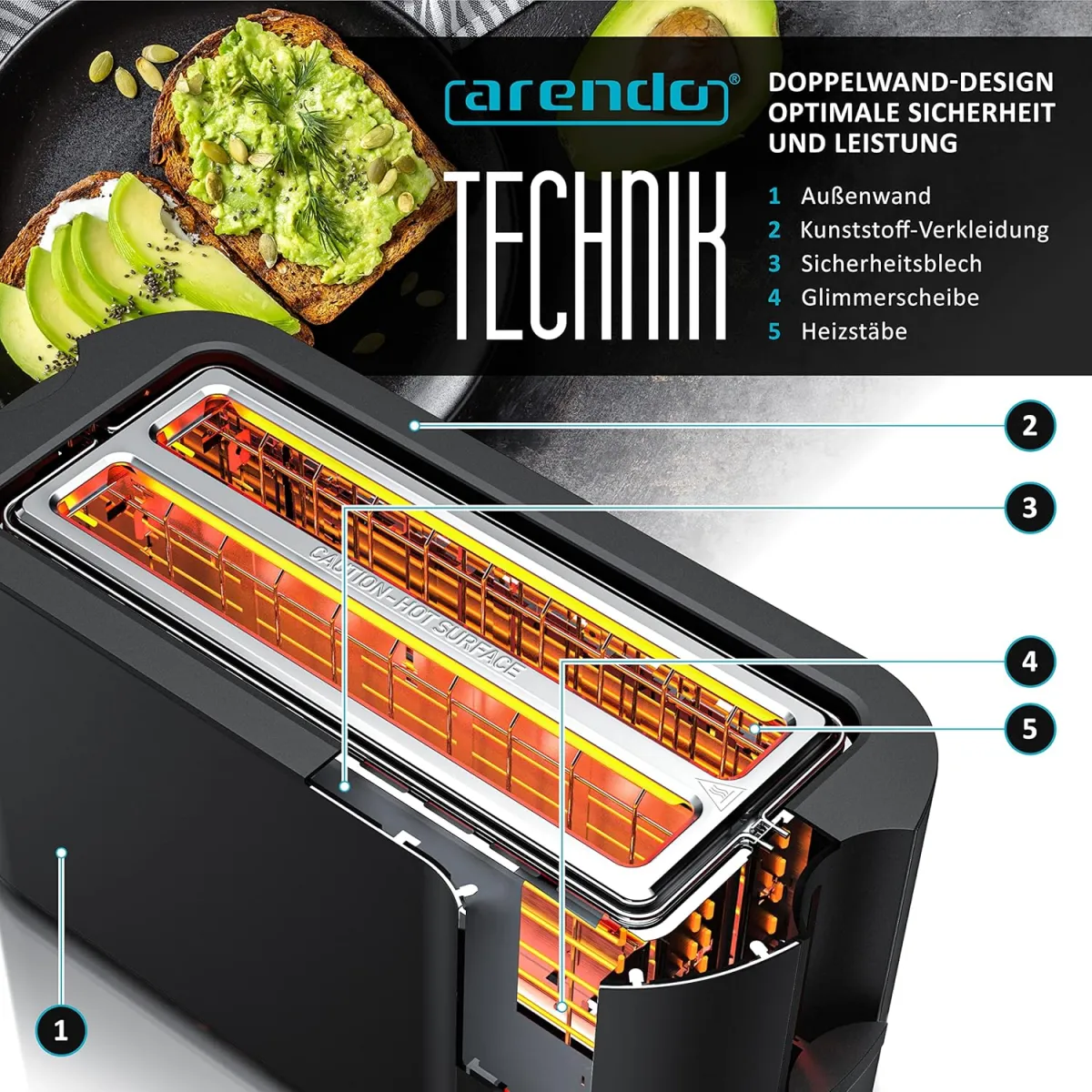 Arendo - Edelstahl Toaster Langschlitz 4 Scheiben- Touchscreen – Doppelwandgehäuse – 1500 W – Integrierter Brötchenaufsatz – 7 Bräunungsgrade – Brotzentrierung – Restzeitanzeige – Memoryfunktion — Bild 5