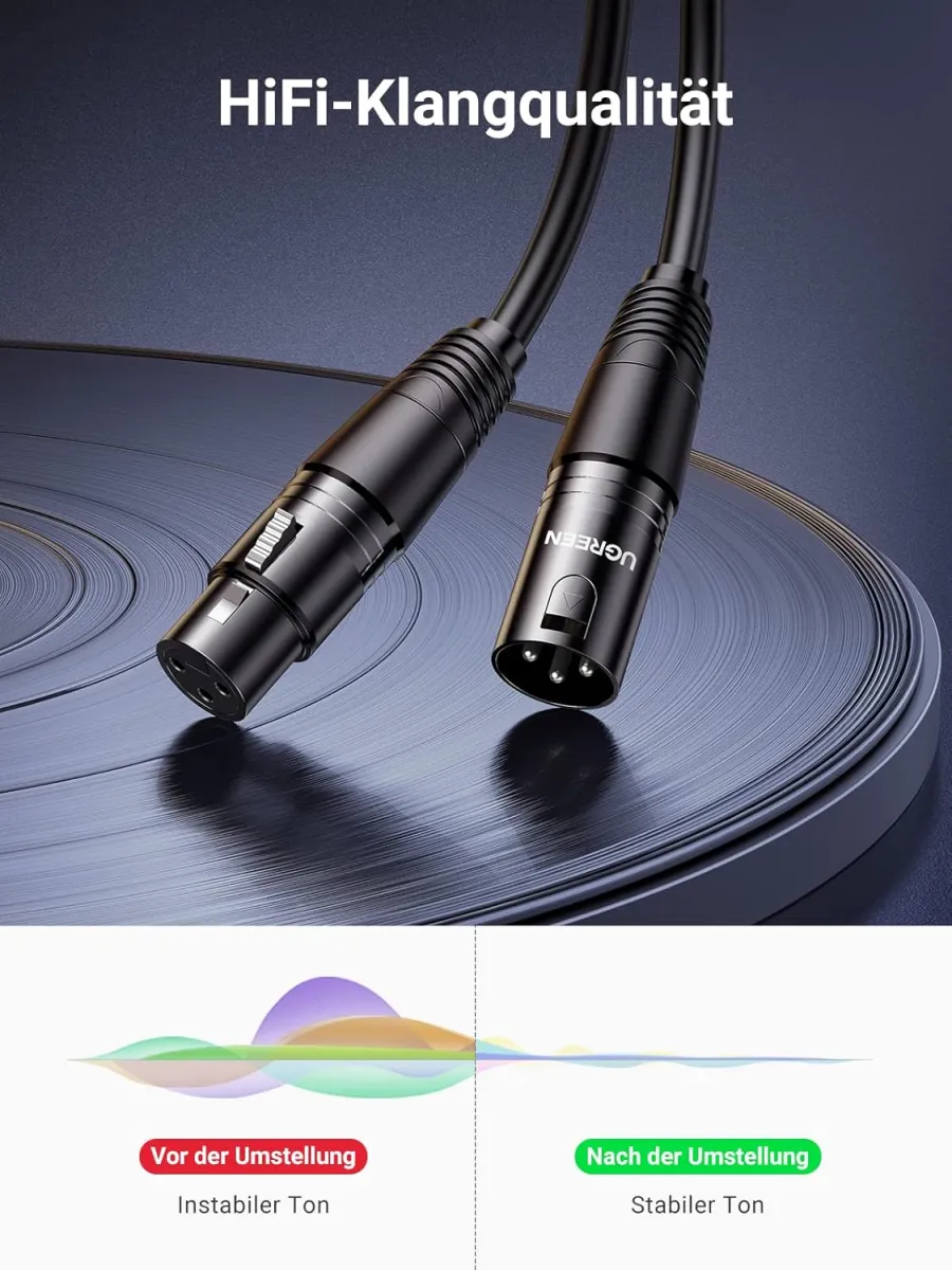 UGREEN XLR-Kabel, XLR-Lautsprecherkabel, 3-poliges Stereo-Mikrofonkabel, Stecker auf Buchse, Verlängerung für Heimstudio, Endstufe, Mischpult, Schreibtisch, professionelle Aufnahme, Live-Bühne (2 m) — Bild 2