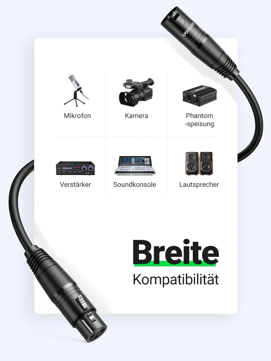 UGREEN XLR-Kabel, XLR-Lautsprecherkabel, 3-poliges Stereo-Mikrofonkabel, Stecker auf Buchse, Verlängerung für Heimstudio, Endstufe, Mischpult, Schreibtisch, professionelle Aufnahme, Live-Bühne (2 m) — Bild 3