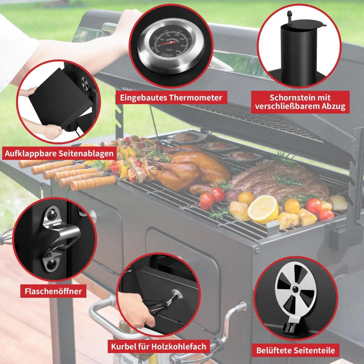 Grillwagen XXL Holzkohlegrill mit Deckel, BBQ Smoker Grill Rädern, Edelstahl-Griff, Grillrost und Thermometer, Standgrill, Kohlegrillwagen 154.5 x 89 x 122 cm — Bild 2