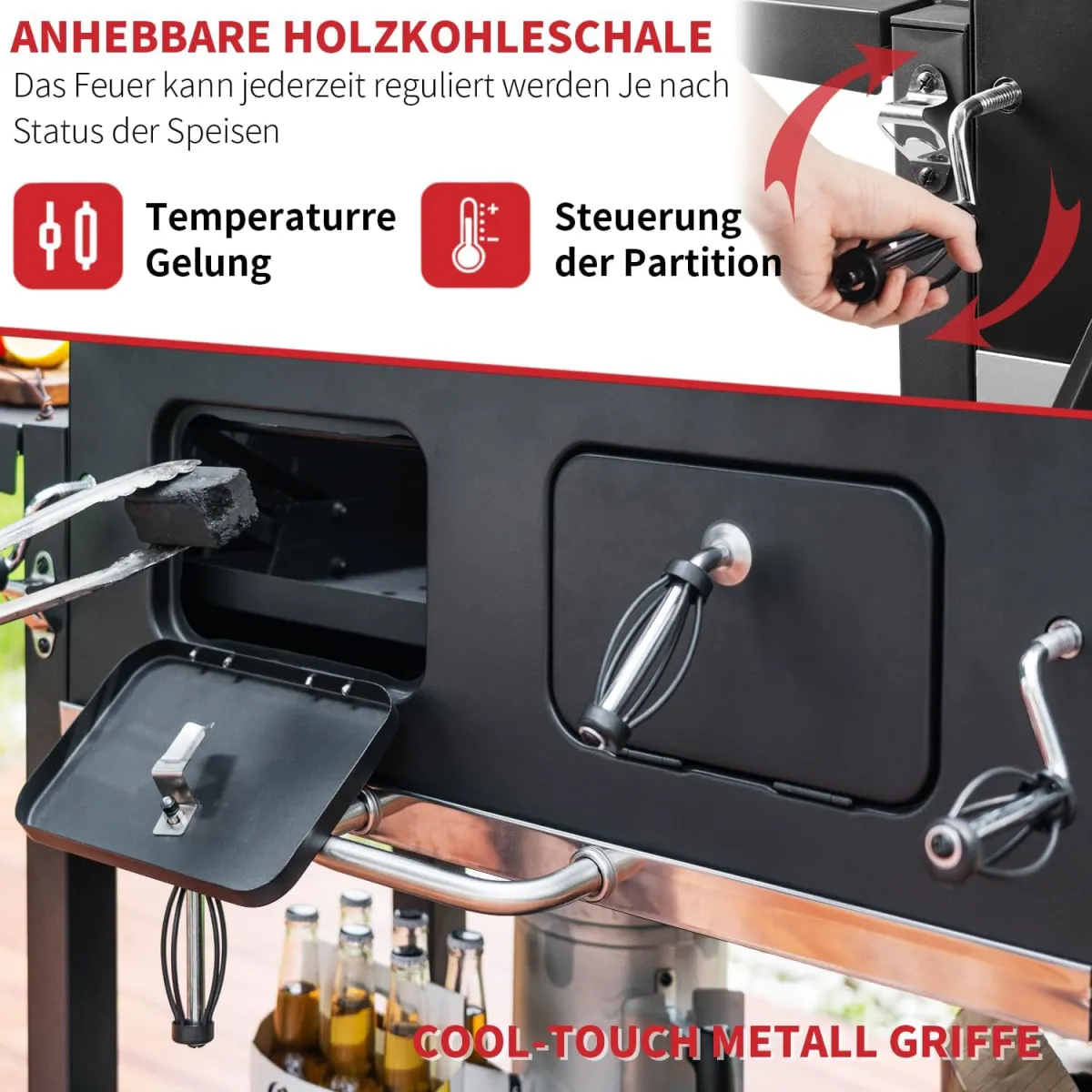 Grillwagen XXL Holzkohlegrill mit Deckel, BBQ Smoker Grill Rädern, Edelstahl-Griff, Grillrost und Thermometer, Standgrill, Kohlegrillwagen 154.5 x 89 x 122 cm — Bild 3