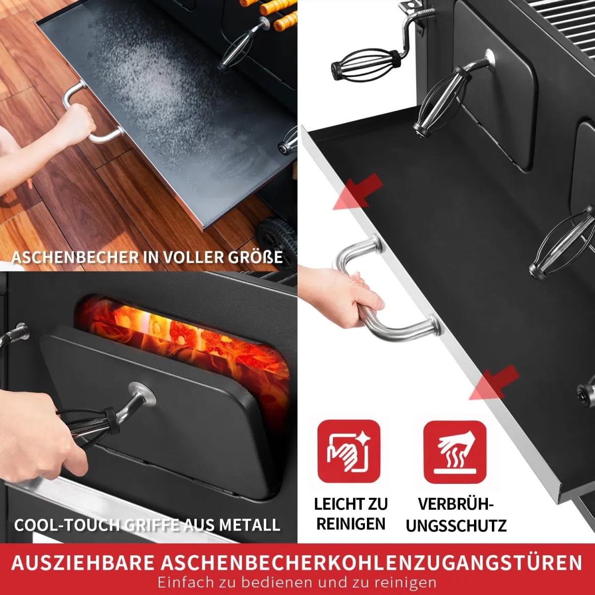 Grillwagen XXL Holzkohlegrill mit Deckel, BBQ Smoker Grill Rädern, Edelstahl-Griff, Grillrost und Thermometer, Standgrill, Kohlegrillwagen 154.5 x 89 x 122 cm — Bild 4